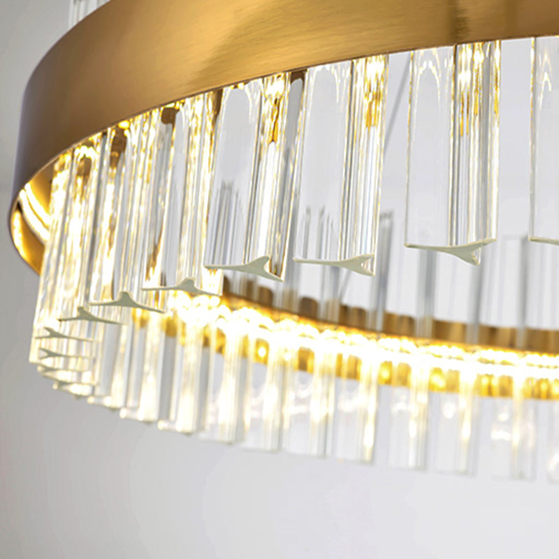 Postmodern 2-Tier Crystal Rod Living Room Pendant Light In Gold - 23.5/31.5 Wide Led Hanging Lamp