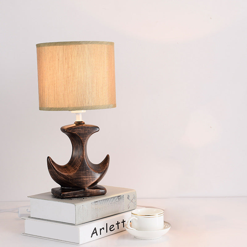 Classic White/Tan Cylinder Desk Lamp With Ceramic Sailboat Base - Plug-In Table Light