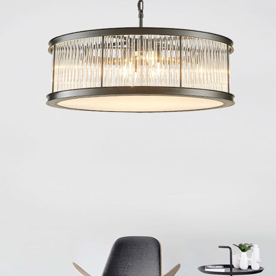 Modern Crystal Drum Chandelier - 6-Light Black/Brass Hanging Light Fixture For Living Room