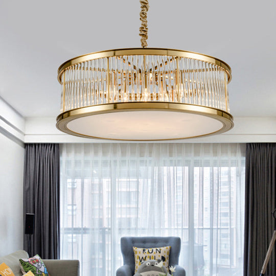 Modern Crystal Drum Chandelier - 6-Light Black/Brass Hanging Light Fixture For Living Room