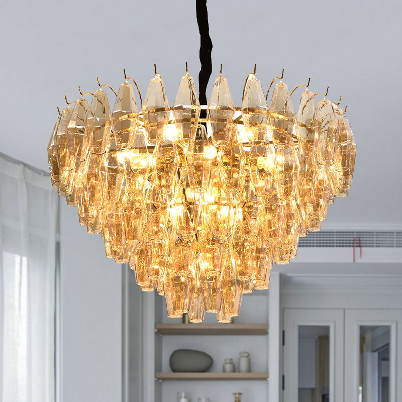 Modern Amber Glass Cone Hanging Ceiling Light With 7/9 Heads - Perfect Chandelier For Living Room