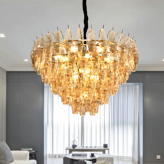 Modern Amber Glass Cone Hanging Ceiling Light With 7/9 Heads - Perfect Chandelier For Living Room