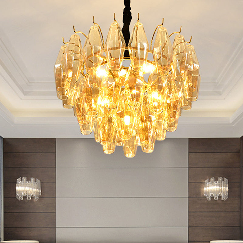 Modern Amber Glass Cone Hanging Ceiling Light With 7/9 Heads - Perfect Chandelier For Living Room