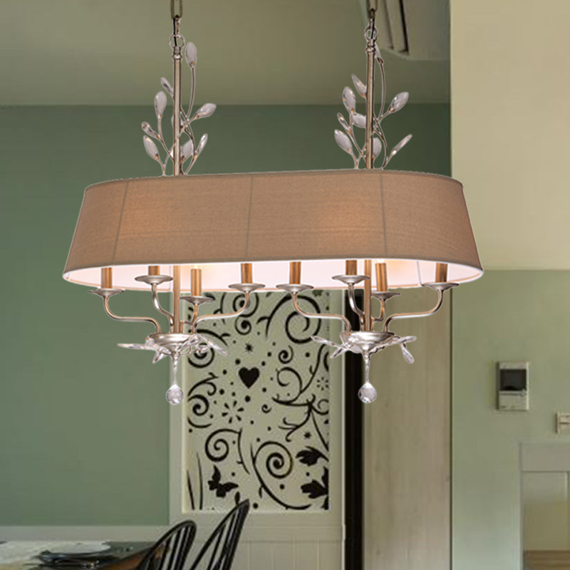 Traditional Flaxen Fabric Pendant Lamp With Crystal Accents - 8-Light Island Hanging Fixture