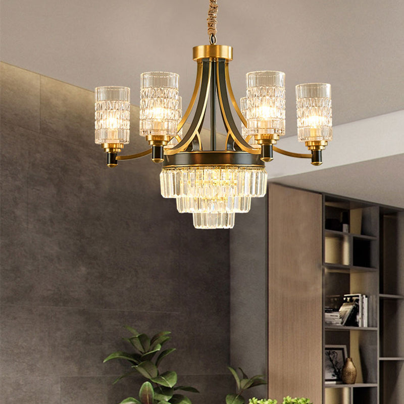 Textured Crystal Cylinder Hanging Light In Gold - 6/8 Head Postmodern Chandelier For Dining Room