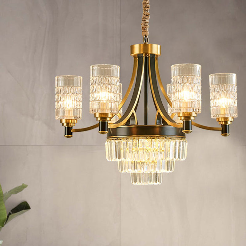 Lustre en cristal texturé doré avec suspension cylindrique pour salle à manger - Style postmoderne, 6/8 têtes