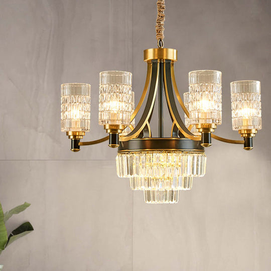 Textured Crystal Cylinder Hanging Light In Gold - 6/8 Head Postmodern Chandelier For Dining Room