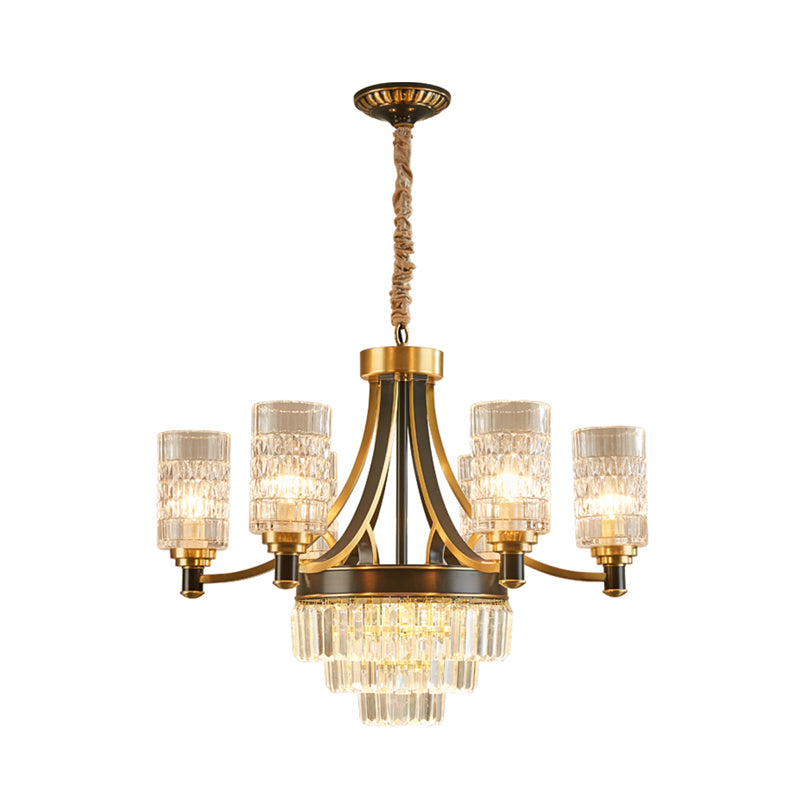 Lustre en cristal texturé doré avec suspension cylindrique pour salle à manger - Style postmoderne, 6/8 têtes