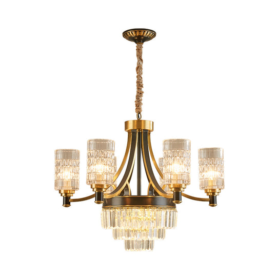 Textured Crystal Cylinder Hanging Light In Gold - 6/8 Head Postmodern Chandelier For Dining Room