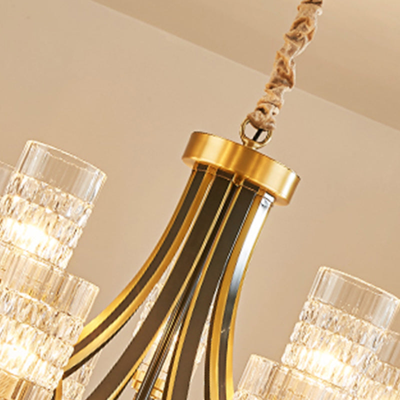 Lustre en cristal texturé doré avec suspension cylindrique pour salle à manger - Style postmoderne, 6/8 têtes