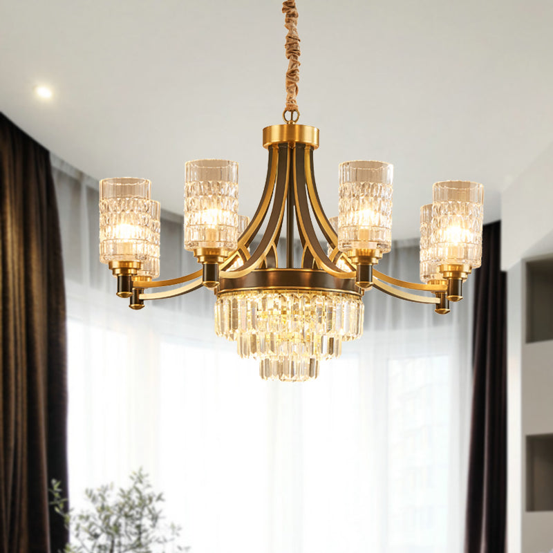 Lustre en cristal texturé doré avec suspension cylindrique pour salle à manger - Style postmoderne, 6/8 têtes