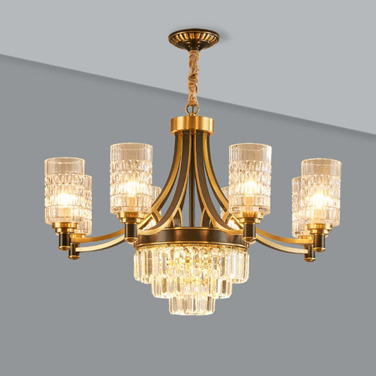 Textured Crystal Cylinder Hanging Light In Gold - 6/8 Head Postmodern Chandelier For Dining Room