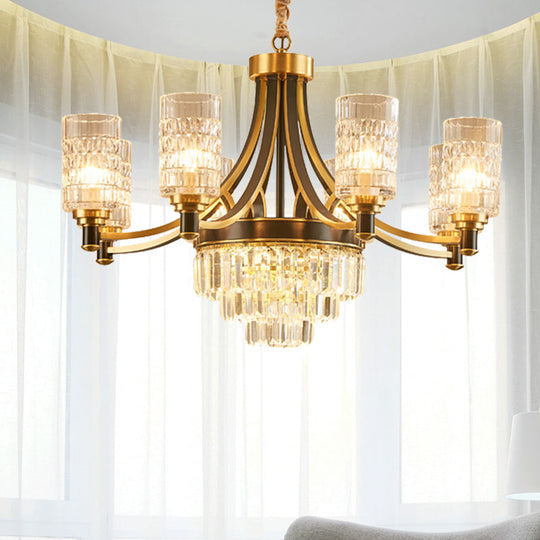 Textured Crystal Cylinder Hanging Light In Gold - 6/8 Head Postmodern Chandelier For Dining Room