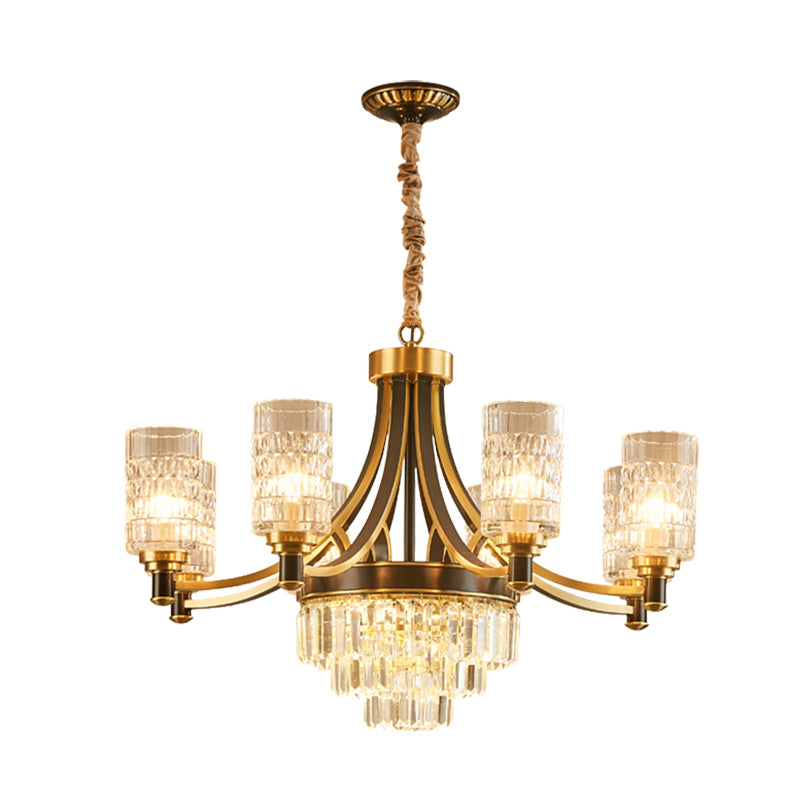 Textured Crystal Cylinder Hanging Light In Gold - 6/8 Head Postmodern Chandelier For Dining Room