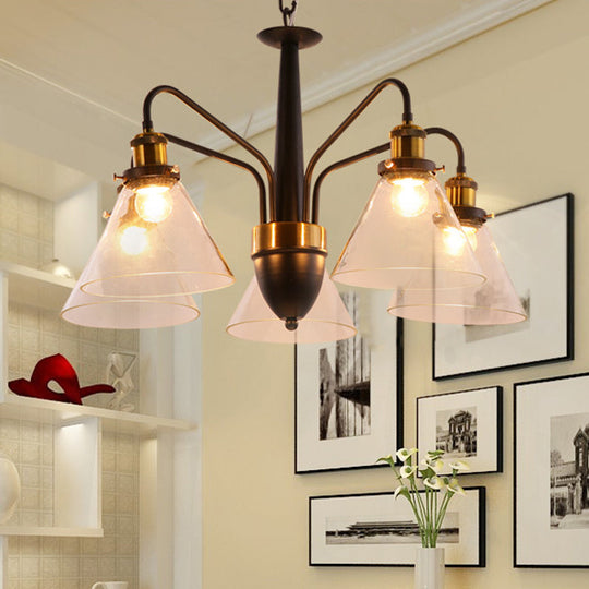 Traditional Black And Gold 3/5/6-Light Conical Chandelier Pendant With Clear Glass Shade