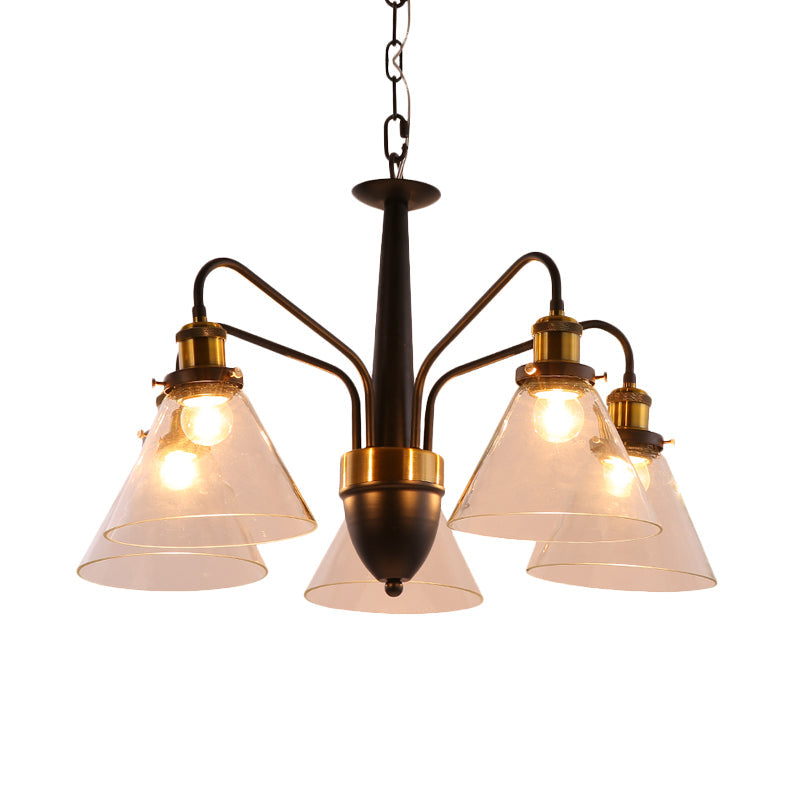 Traditional Black And Gold 3/5/6-Light Conical Chandelier Pendant With Clear Glass Shade