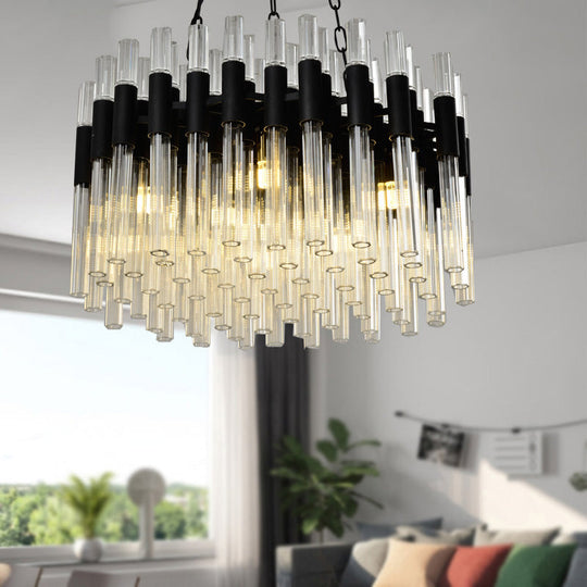 Lustre noir moderne - Kit de lampe suspendue à 8 lumières avec abat-jour tambour en cristal