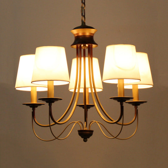 Traditional Brass Finish Chandelier With White Fabric Lamp Shade - 3/5/6 Lights