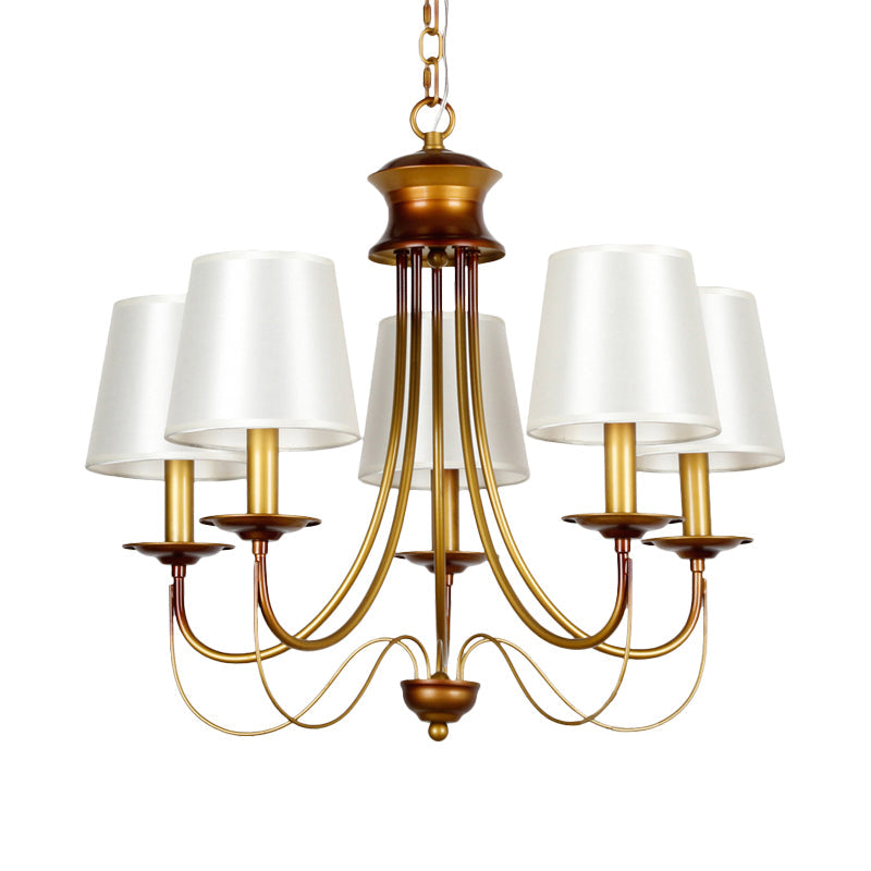 Traditional Brass Finish Chandelier With White Fabric Lamp Shade - 3/5/6 Lights