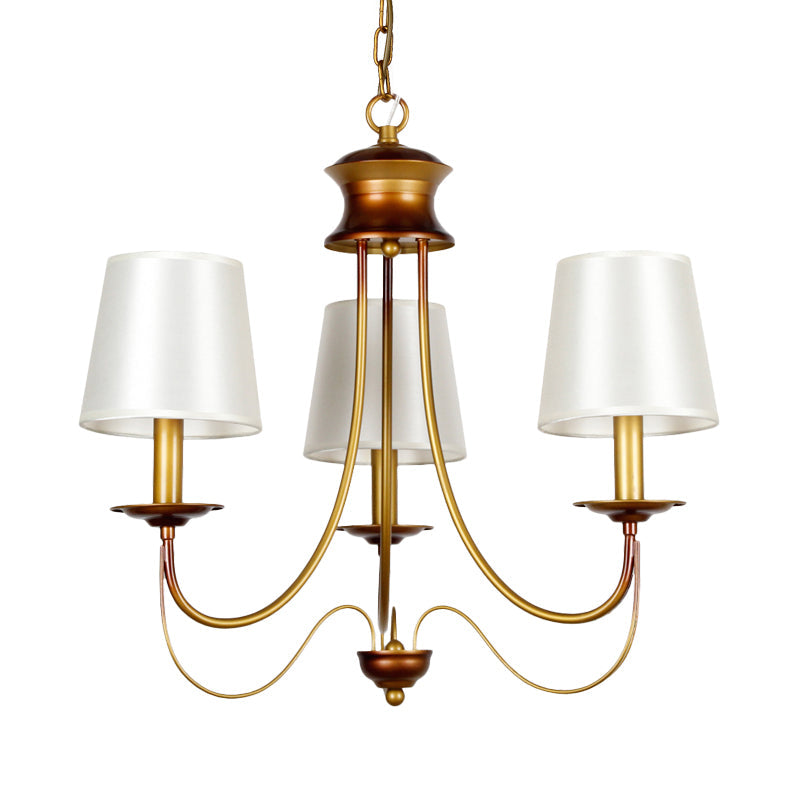 Traditional Brass Finish Chandelier With White Fabric Lamp Shade - 3/5/6 Lights