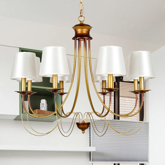 Traditional Brass Finish Chandelier With White Fabric Lamp Shade - 3/5/6 Lights