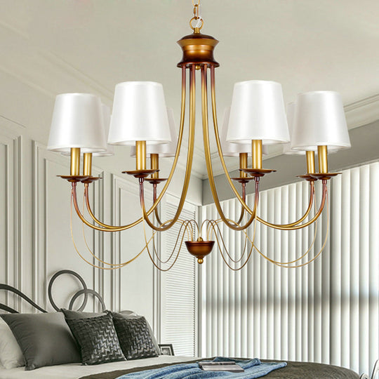 Traditional Brass Finish Chandelier With White Fabric Lamp Shade - 3/5/6 Lights