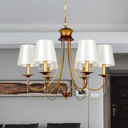 Traditional Brass Finish Chandelier With White Fabric Lamp Shade - 3/5/6 Lights