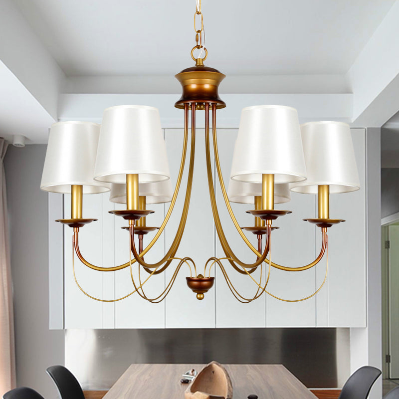 Traditional Brass Finish Chandelier With White Fabric Lamp Shade - 3/5/6 Lights