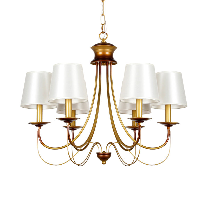 Traditional Brass Finish Chandelier With White Fabric Lamp Shade - 3/5/6 Lights