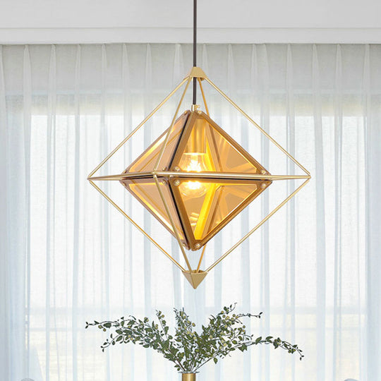 Black/Gold/Amber Glass Colonial Diamond Shape Ceiling Light Fixture - 1-Light Drop Pendant With Iron