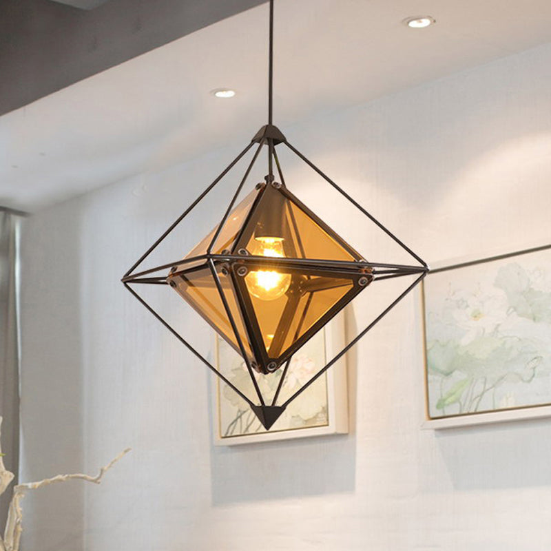 Black/Gold/Amber Glass Colonial Diamond Shape Ceiling Light Fixture - 1-Light Drop Pendant With Iron