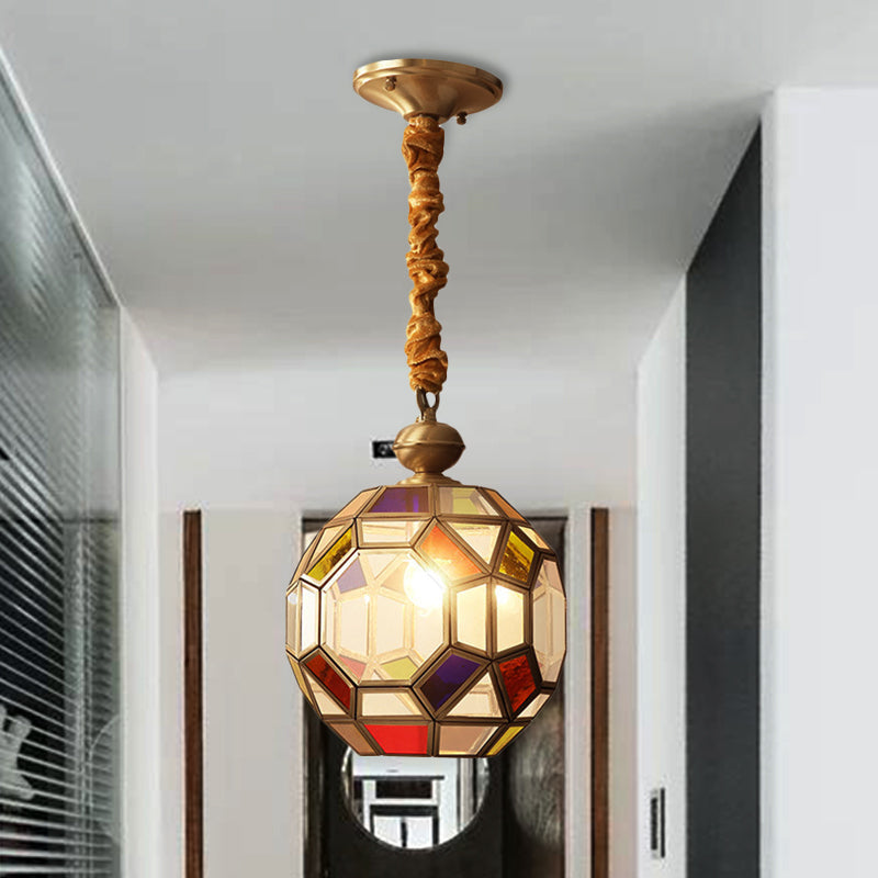 Disco Ball Pendant Ceiling Lamp With Multi-Colored Glass Shade - Faceted Bulb & Colonial Brass