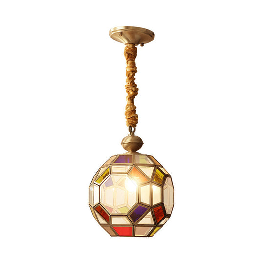 Disco Ball Pendant Ceiling Lamp With Multi-Colored Glass Shade - Faceted Bulb & Colonial Brass