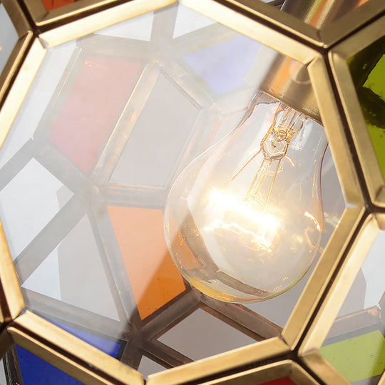 Disco Ball Pendant Ceiling Lamp With Multi-Colored Glass Shade - Faceted Bulb & Colonial Brass