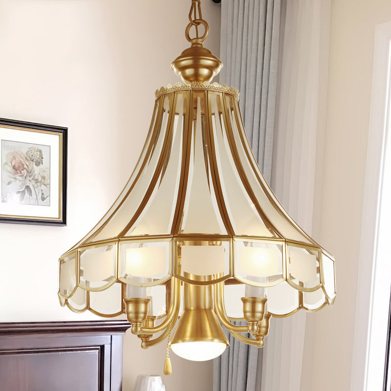 Frosted Glass Bell Chandelier - Traditional 5-Light Brass Finish Suspension Lamp