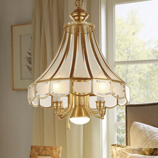 Frosted Glass Bell Chandelier - Traditional 5-Light Brass Finish Suspension Lamp