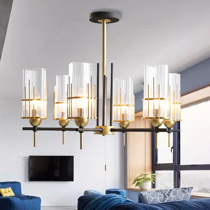 Contemporary 6-Head Black And Gold Chandelier Pendant With Clear Glass Triangular Prism