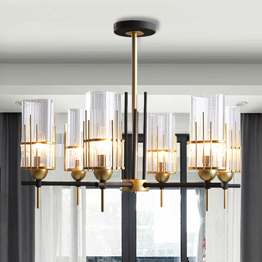 Contemporary 6-Head Black And Gold Chandelier Pendant With Clear Glass Triangular Prism Black-Gold