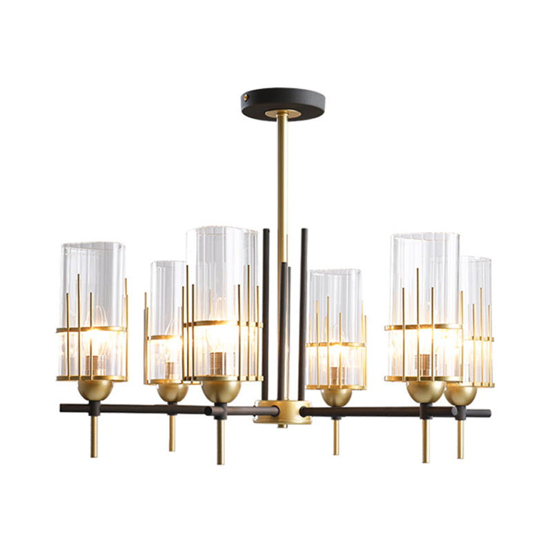 Contemporary 6-Head Black And Gold Chandelier Pendant With Clear Glass Triangular Prism