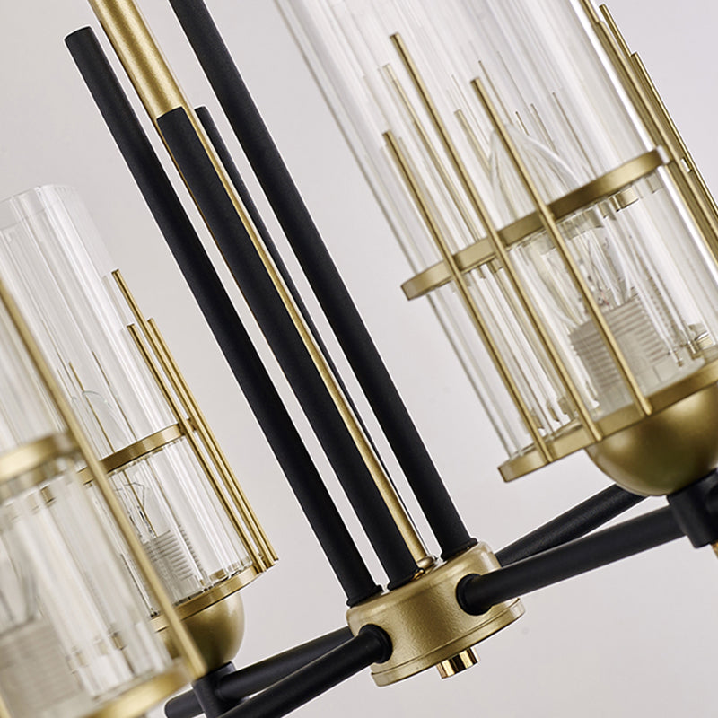 Contemporary 6-Head Black And Gold Chandelier Pendant With Clear Glass Triangular Prism