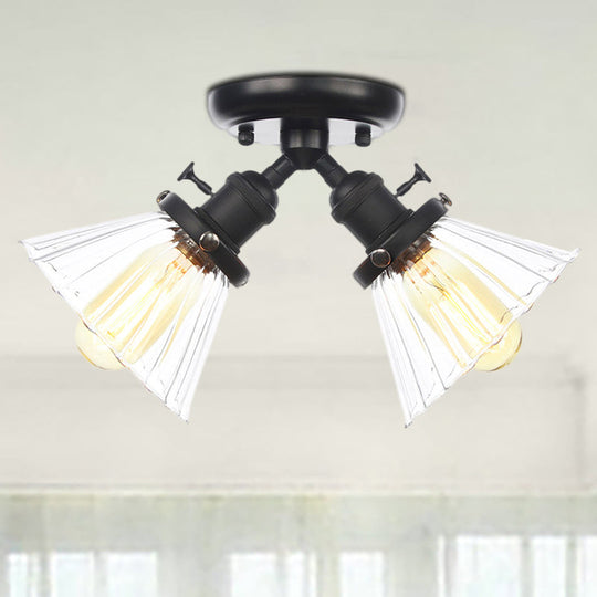 Industrial Stylish Bedroom Semi Mount Lighting with Cone Shade, Amber/Clear Glass - 2 Heads, Black/Bronze Ceiling Flush Mount