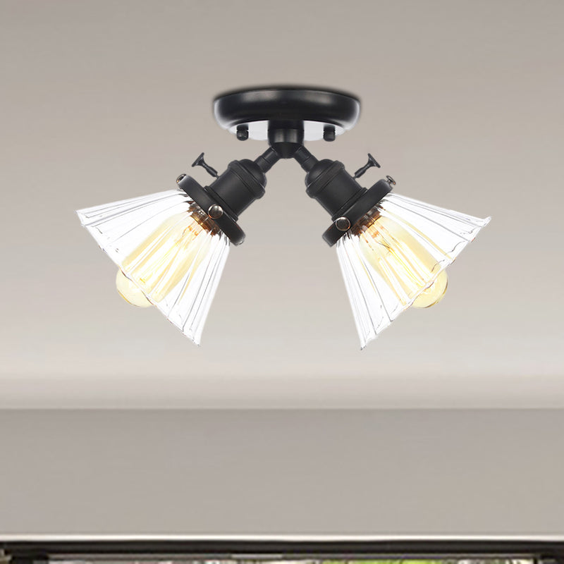 Industrial Stylish Bedroom Semi Mount Lighting with Cone Shade, Amber/Clear Glass - 2 Heads, Black/Bronze Ceiling Flush Mount