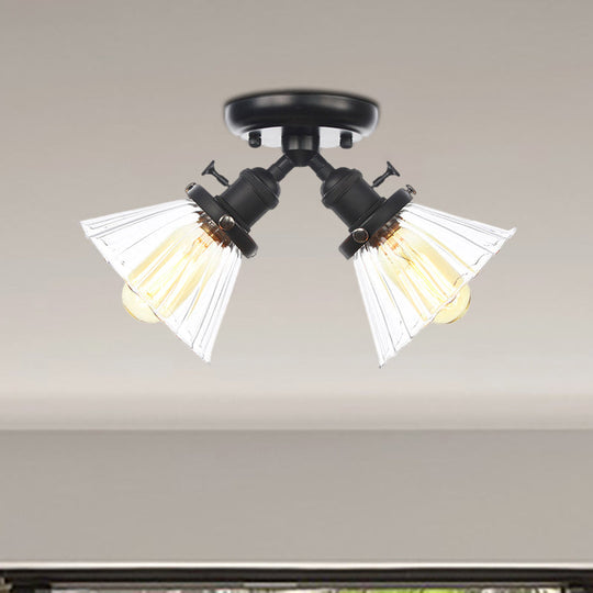 Industrial Cone Shade Semi Mount Ceiling Light With Amber/Clear Glass (2 Heads) In Black/Bronze For