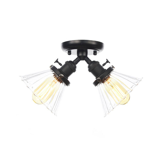 Industrial Cone Shade Semi Mount Ceiling Light With Amber/Clear Glass (2 Heads) In Black/Bronze For