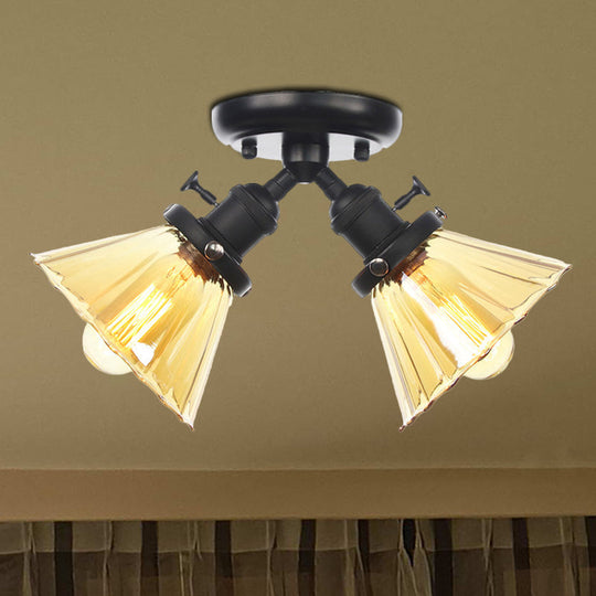 Industrial Stylish Bedroom Semi Mount Lighting with Cone Shade, Amber/Clear Glass - 2 Heads, Black/Bronze Ceiling Flush Mount