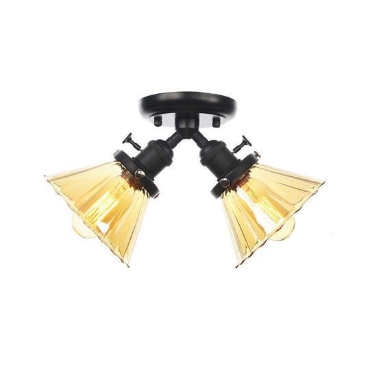 Industrial Cone Shade Semi Mount Ceiling Light With Amber/Clear Glass (2 Heads) In Black/Bronze For