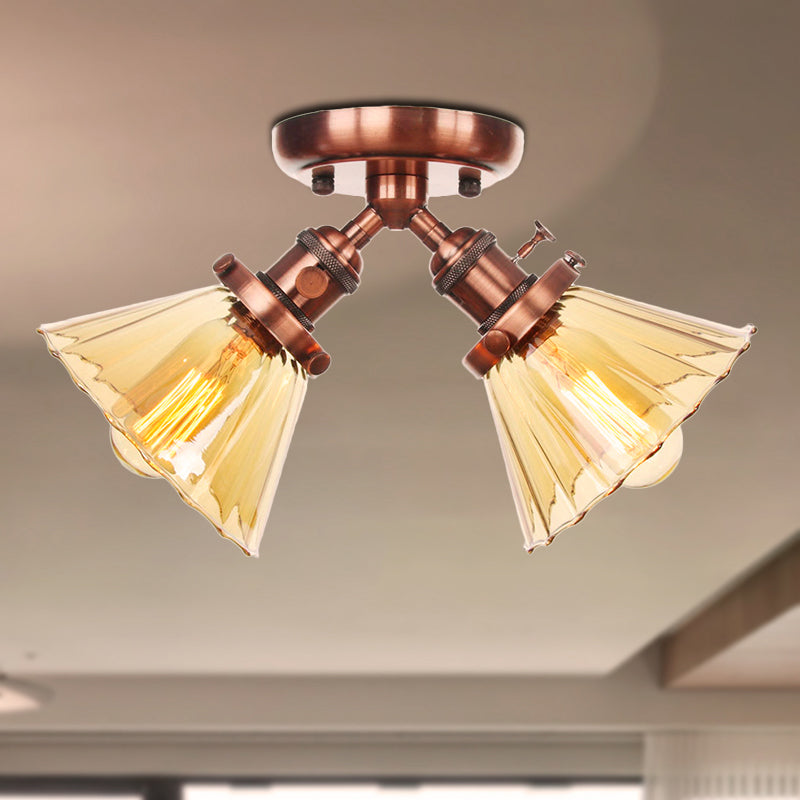 Industrial Cone Shade Semi Mount Ceiling Light With Amber/Clear Glass (2 Heads) In Black/Bronze For