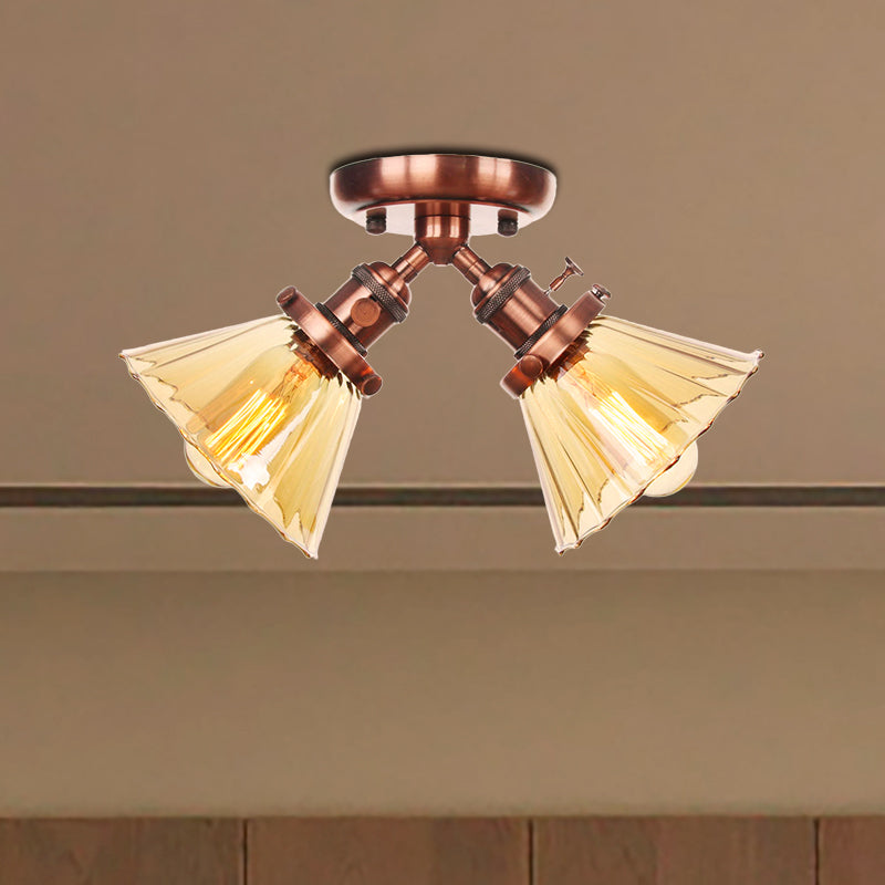 Industrial Cone Shade Semi Mount Ceiling Light With Amber/Clear Glass (2 Heads) In Black/Bronze For