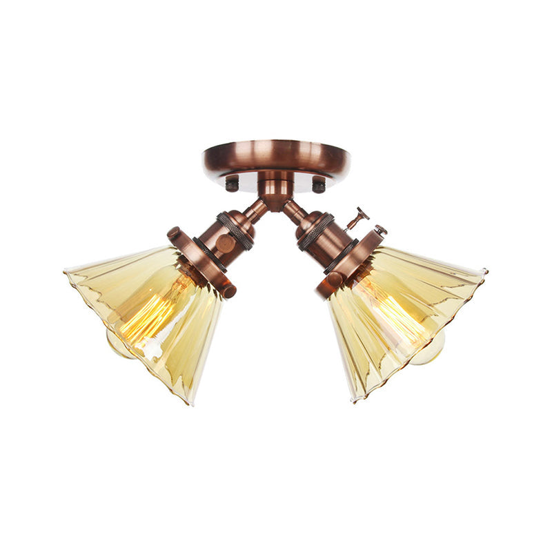 Industrial Cone Shade Semi Mount Ceiling Light With Amber/Clear Glass (2 Heads) In Black/Bronze For