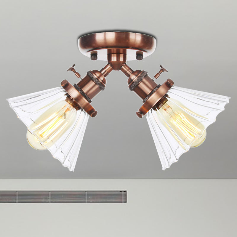 Industrial Cone Shade Semi Mount Ceiling Light With Amber/Clear Glass (2 Heads) In Black/Bronze For